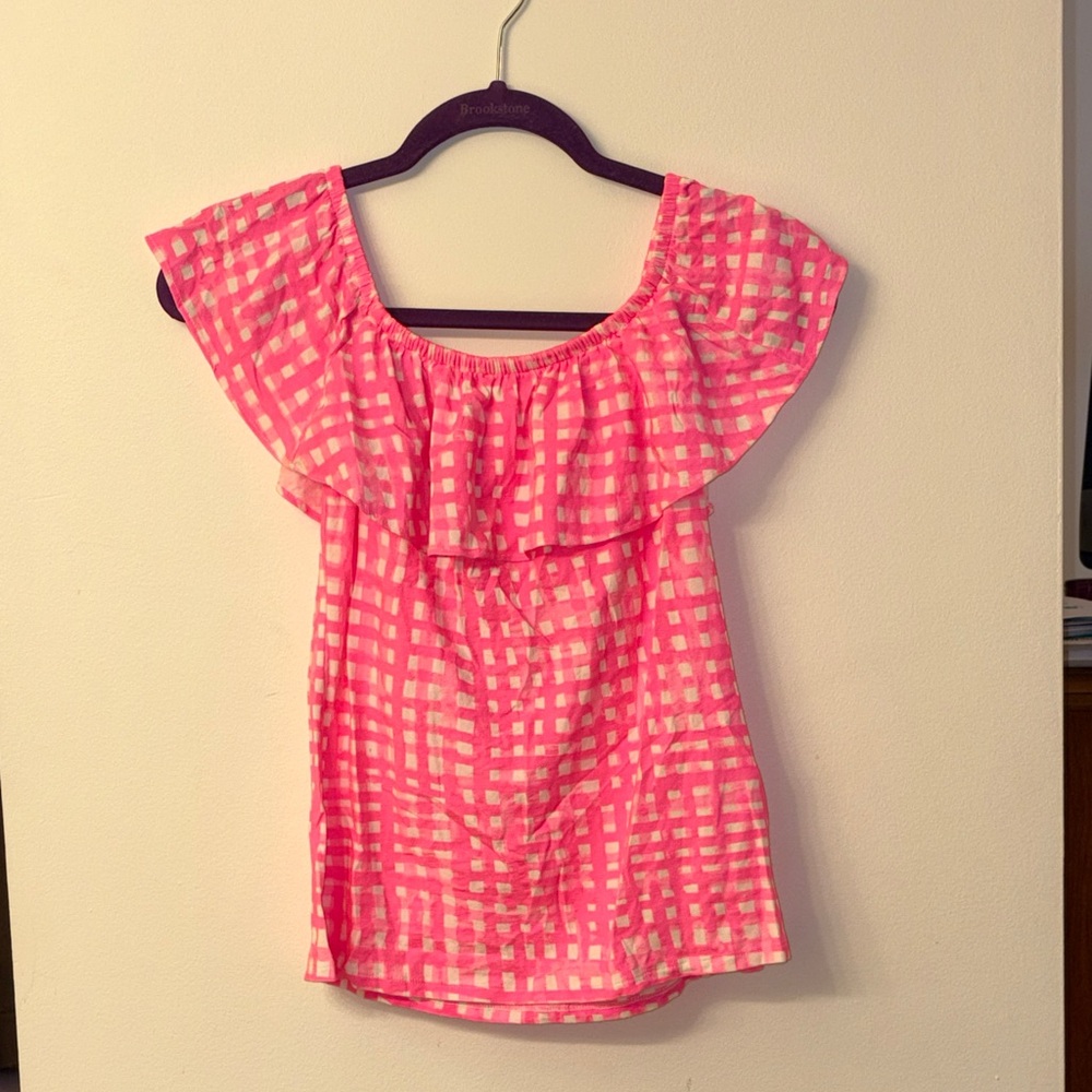 Lilly Pulitzer Pink and White Gingham Off-Shoulder Tank